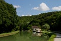 View of canal boat and river boat , canal du Nivernais, burgundy.