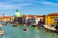 View of the canal with boats and gondolas in Venice, Italy. Venice is a popular tourist destination of Europe Royalty Free Stock Photo