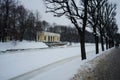 St. Petersburg, Russia, December 16, 2023. An ancient pavilion by the canal along the Summer Garden in winter.