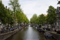 View of canal, parked boats, cars and bicycles