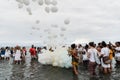 View of Candomble members on the beach during a religious demonstration known as Bembe do Mercado