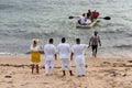 View of Candomble members delivering gifts to Iemanja, the queen of the sea, at Rio Vermelho beach