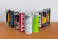 View of cans of energy drinks. Cans of popular global energy drinks.