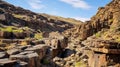 A view of a canyon with old carvings on the rocks