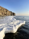 View of Cape Vyatlina on Russkiy Island in Vladivostok in winter. Russia