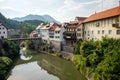 View of Capuchin Bridge in Skofja Loka Royalty Free Stock Photo
