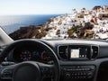 Car dashboard traveling to Santorini Island