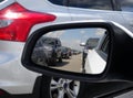 View in car mirror in traffic jam stock photo Royalty Free Stock Photo