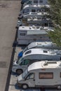 View of a car park with motorhomes parked, different models of vehicle for tourism