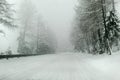 View from a car riding through snow covered winter, heavy snowing, low visibility, fog and haze in distance - dangerous driving c