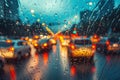 View from driver seat traffic jam in metro city on a bad weather raining day Royalty Free Stock Photo