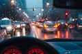 View from driver seat traffic jam in metro city on a bad weather raining day Royalty Free Stock Photo