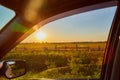 View from car window on countryside landscape with meadow, field and a fence with wooden poles and posts in the evening during Royalty Free Stock Photo