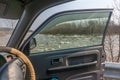 The view from the car window on the frozen river with ice floes Royalty Free Stock Photo