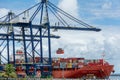 View of a cargo ship unloading a container at the seaport in the city of Salvador, Bahia