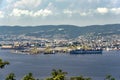 View of cargo ships docked at Pier VII of the Port of Trieste loading:unloading containers Royalty Free Stock Photo