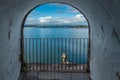 View of Caribbean from castle wall with gate Royalty Free Stock Photo