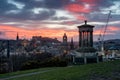 View from Carlton Hill over Edinburgh with Dugald Stewart Monument at sunset