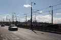 View of cars passing on Galata bridge in Istanbul