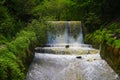 View of the cascade of water in the form of small waterfalls surrounded by trees. Selective focus Royalty Free Stock Photo