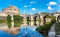 View of the Castel Sant`Angelo and the Angel Bridge on the Tiber in Rome Italy