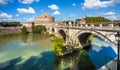 View of the Castel Sant`Angelo and the Angel Bridge on the Tiber in Rome Italy Royalty Free Stock Photo