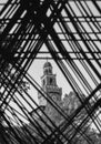 View of the Castello Sforzesco in Milan, Italy on a frame of intelocking cords on the foreground. Royalty Free Stock Photo