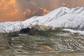 View of Castelluccio di Norcia little village with snow during dusk Royalty Free Stock Photo