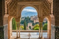 View of Castle Through Archway, An awe-inspiring view of the Alhambra Palace in Granada, Spain, AI Generated Royalty Free Stock Photo