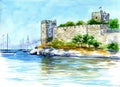 View of the castle in Bodrum sity. Turkey. Watercolor painting. Royalty Free Stock Photo