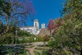 View from castle garden to the historic Church of Santa Maria do Castelo- in the city Tavira, Algarve, Portugal Royalty Free Stock Photo