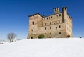 View of the Castle of Grinzane Cavour in winter with snow Royalty Free Stock Photo