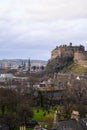 View on Castle hill in old part of Edinburgh city, capital of Scotland, in rainy winter day Royalty Free Stock Photo