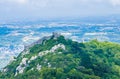 View of The Castle of the Moors is a hilltop medieval castle in Sintra. View of the castle from the palace of Pena. Portugal Royalty Free Stock Photo