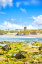 View of castle and rippled sandy beach Royalty Free Stock Photo