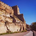 View of the castle's tower from the exterior - retro effect photo.