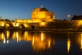 View of the Castle of St. Angelo or the Mausoleum of Hadrian and the bridge of St. Angelo at night Royalty Free Stock Photo