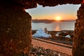 View from the castle at sunset. Plaka, Milos. Cyclades islands. Greece Royalty Free Stock Photo
