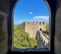 View from a castle window to a tower. Castles of the Moors in Sintra.