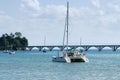 View of a catamaran and sail boats ancored at Samana Bay Royalty Free Stock Photo