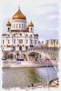 View of the Cathedral of Christ the Savior. Imitation of a picture. Oil paint. Illustration