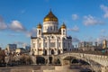 View of Cathedral of Christ the Saviour in Moscow with bridge over Moskva river Royalty Free Stock Photo