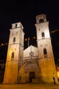 View of the The Cathedral of Saint Tryphon in the Old Town of Kotor at night. Montenegro