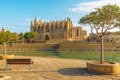 View on Cathedral of Santa Maria of Palma or La Seu with bench with nobody on Mallorca island, Majorca, Spain Royalty Free Stock Photo