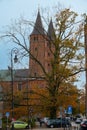 View Cathedral towers and princely castle, of the Tumskie hill in autumn. Plock, Poland