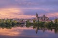 View of the cathedrals of Salamanca at sunset in the river, Spain Royalty Free Stock Photo