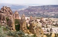 A view of the cave dwellings near Uchisar. Cappadocia, Turkey Royalty Free Stock Photo