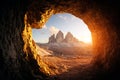 View from the cave in mountain against Three peaks of Lavaredo Royalty Free Stock Photo