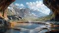 A view from a cave of a natural hot spring in a valley surrounded by mountains Royalty Free Stock Photo