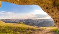 View through cave of sassi di Matera,basilicata, Italy, UNESCO under blue sky Royalty Free Stock Photo